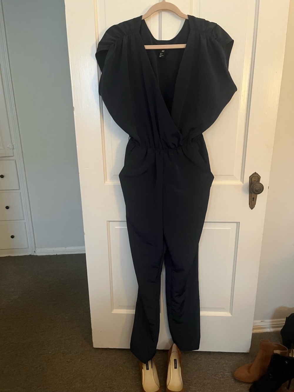 Black Women's Jumpsuit - Classic V-Neck Sleeved Style